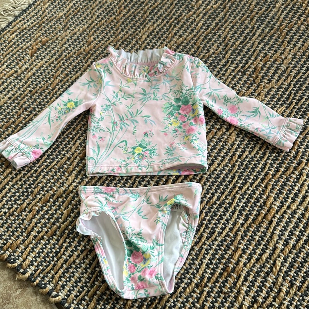 Janie & Jack Recycled Spring Floral Rashguard Swimsuit Two Piece in Soft Pink